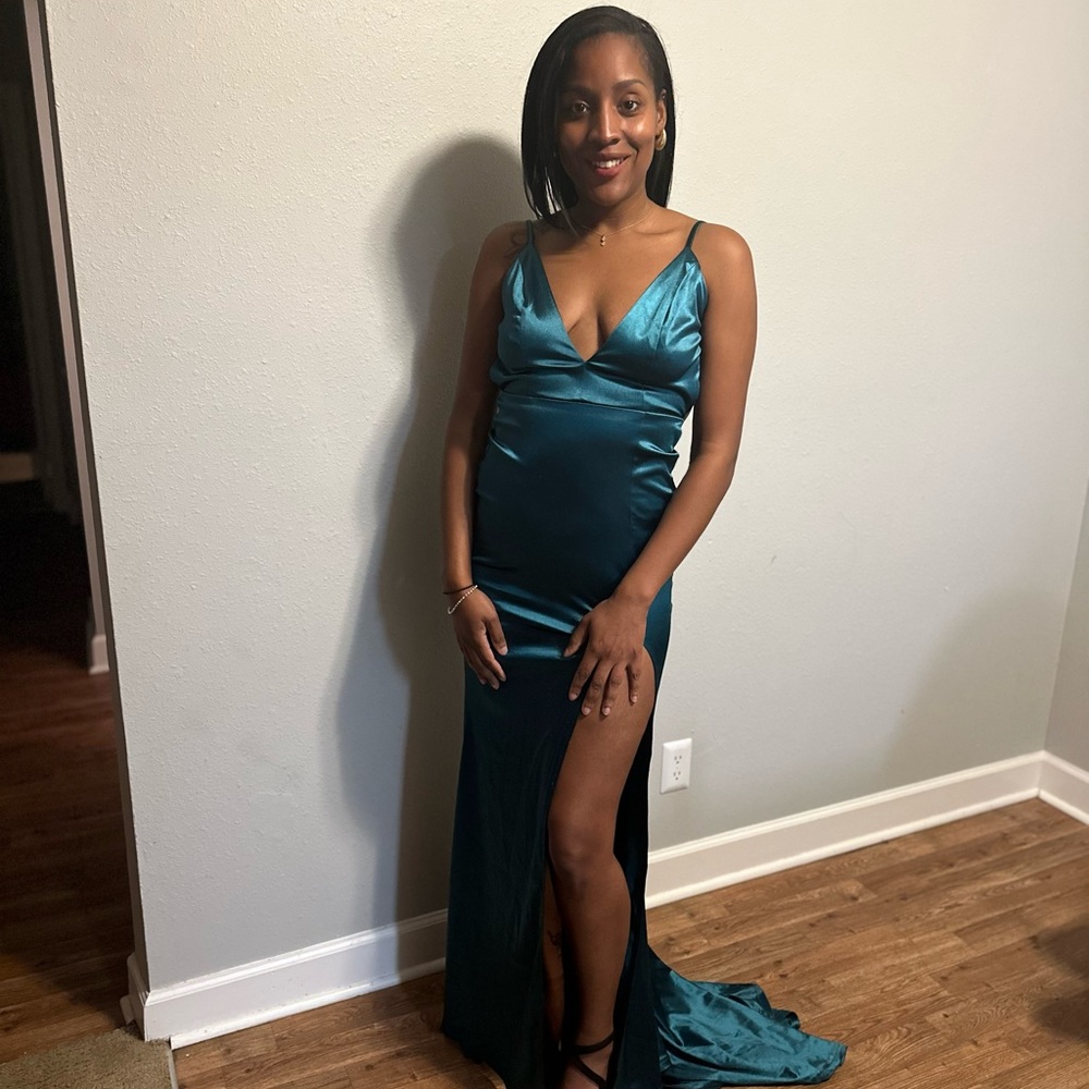 Backless Ruched Split Thigh High Formal Dress - image 4